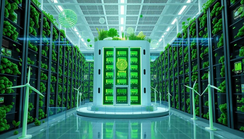 "Futuristisches, nachhaltiges Rechenzentrum mit Solarpanels und grünen Wänden, umgeben von schwebenden KI-Netzwerk-Visualisierungen, Windrädern und Energieeffizienz-Symbolen, das deutsche Vorreiterrolle bei umweltfreundlicher Künstlicher Intelligenz symbolisiert