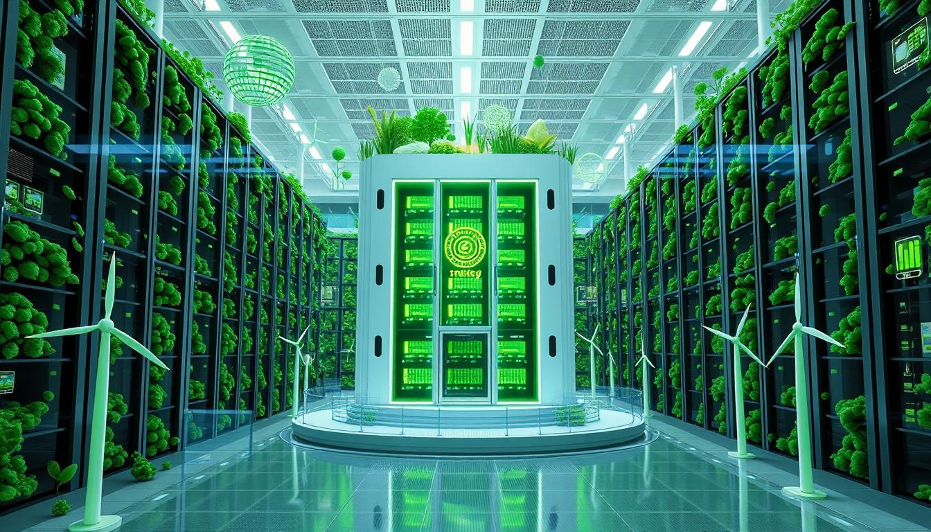 "Futuristisches, nachhaltiges Rechenzentrum mit Solarpanels und grünen Wänden, umgeben von schwebenden KI-Netzwerk-Visualisierungen, Windrädern und Energieeffizienz-Symbolen, das deutsche Vorreiterrolle bei umweltfreundlicher Künstlicher Intelligenz symbolisiert