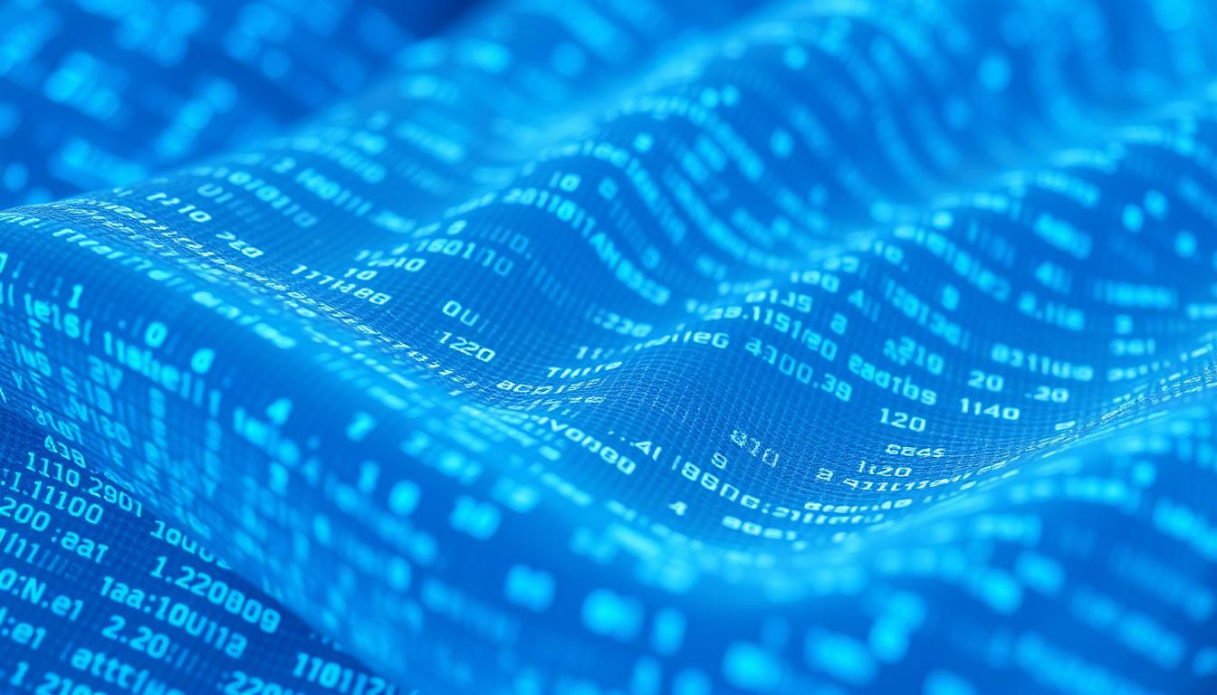 Smart Fabric mit eingewobenen Daten und digitalen Codes in blau-weißen Fasern zeigt textile Technologie-Innovation
