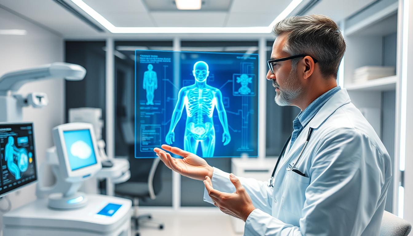 Arzt untersucht 3D-Hologramm-Patient in moderner Praxis mit futuristischer Telemedizin-Technologie