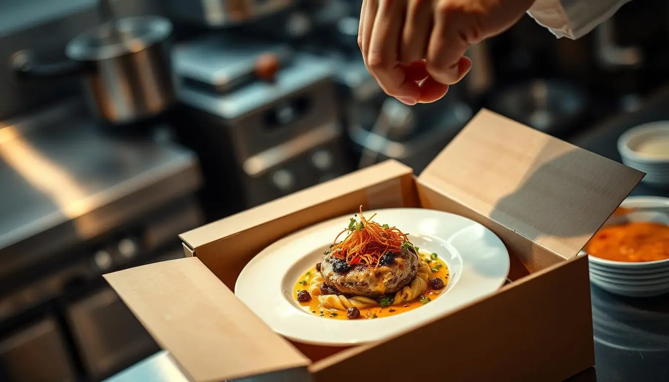cinematic close-up shot, chef's gloved hand carefully placing gourmet plated dish into premium deli