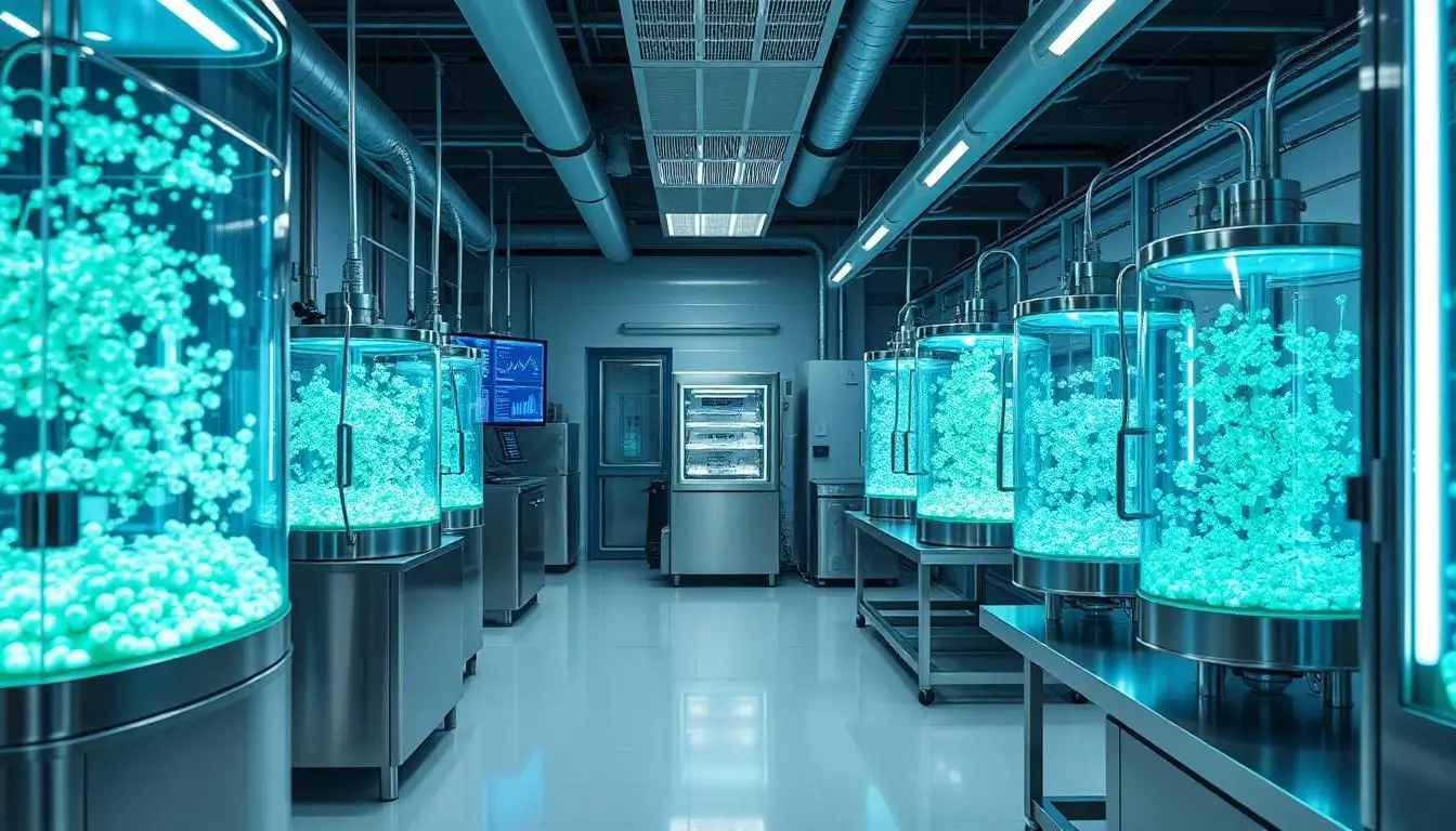 Modern laboratory setting with glass bioreactors and fermentation tanks containing glowing bioluminescent cultures, sleek stainless steel equipment, digital monitoring screens displaying molecular structures and data analytics, soft blue and green ambient lighting, clean minimalist industrial design, high-tech biotechnology facility, professional scientific atmosphere, shallow depth of field, photorealistic style