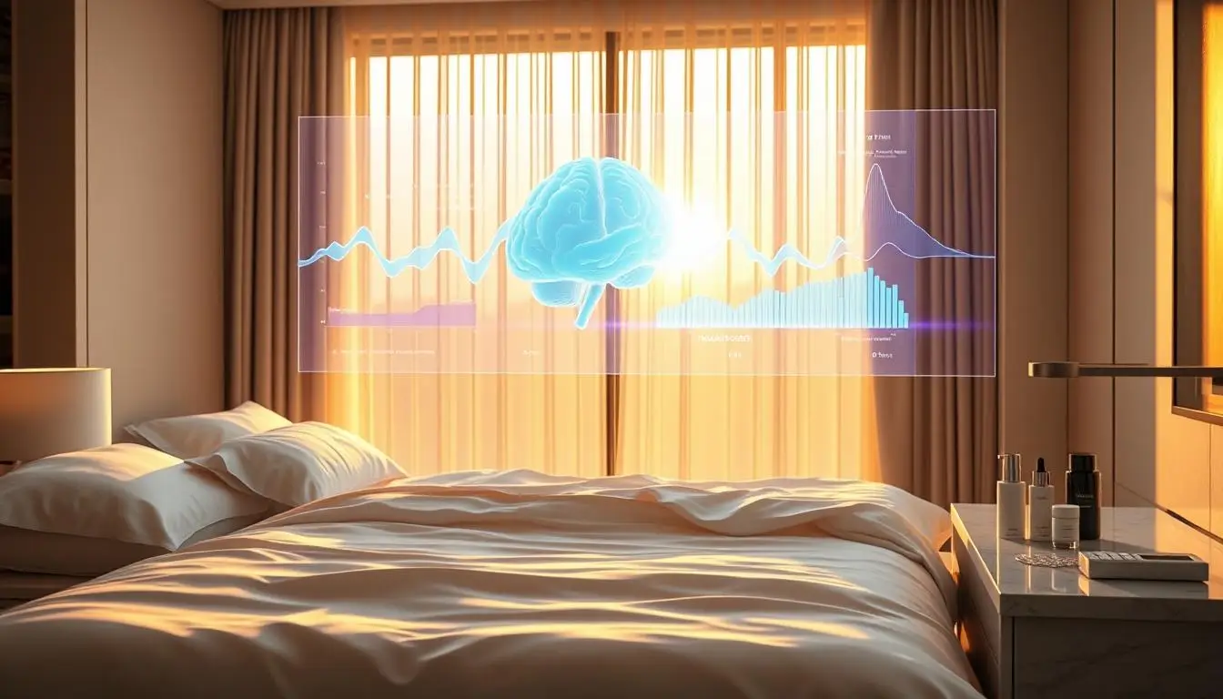 High-end hotel suite bedroom, crisp white luxury bedding with silk pillows, golden hour lighting through sheer curtains. Floating holographic interface displaying sleep data graphs, brain activity waves and circadian rhythm charts in translucent cyan and violet light above the bed. Marble nightstand with premium beauty products and modern sleep tracker. Ultra-realistic, shallow focus, architectural digest style, soft shadows, warm color grading, professional interior photography