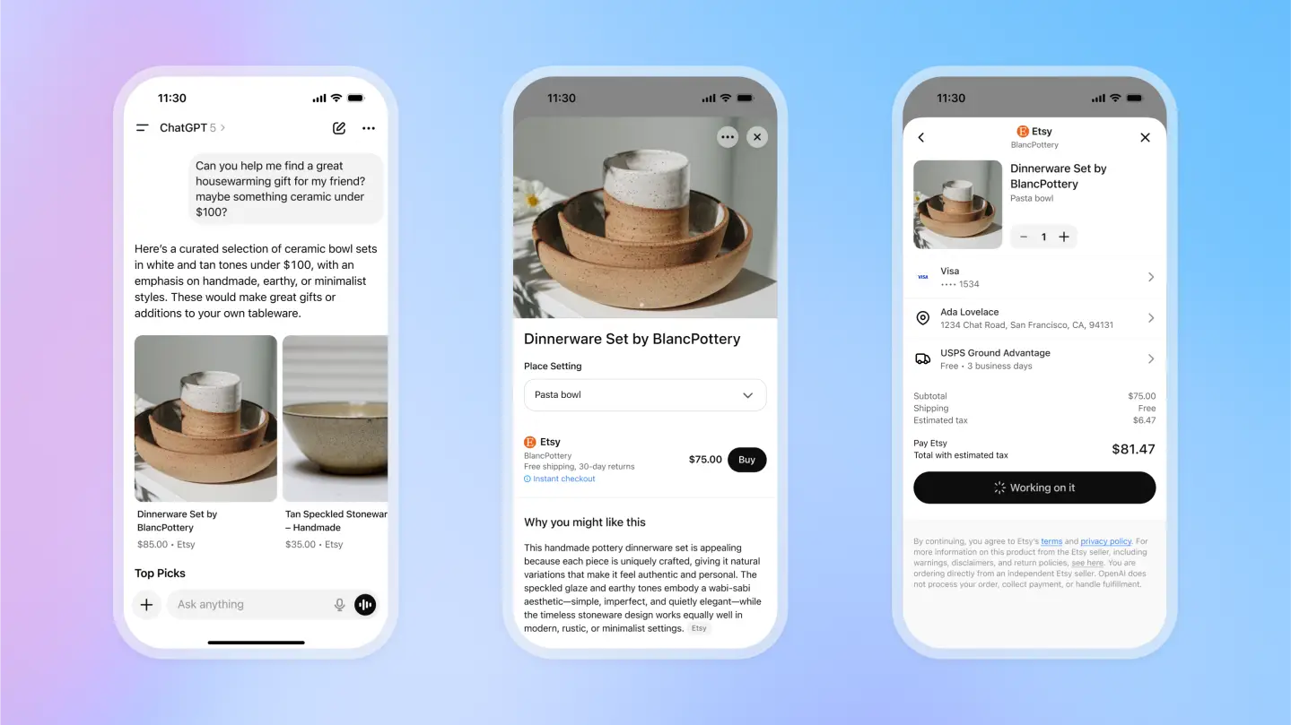 Die Partnerschaft zwischen OpenAI und Stripe bringt "Instant Checkout" direkt in ChatGPT. Für U.S. ChatGPT Plus, Pro, and Free users ist es bereits möglich, während eines Gesprächs mit der KI Produkte von Etsy-Händlern zu kaufen – ohne die Chat-Umgebung zu verlassen. Die Technologie verknüpft Produktempfehlungen, Kaufentscheidung und Zahlungsabwicklung in einem nahtlosen Fluss.